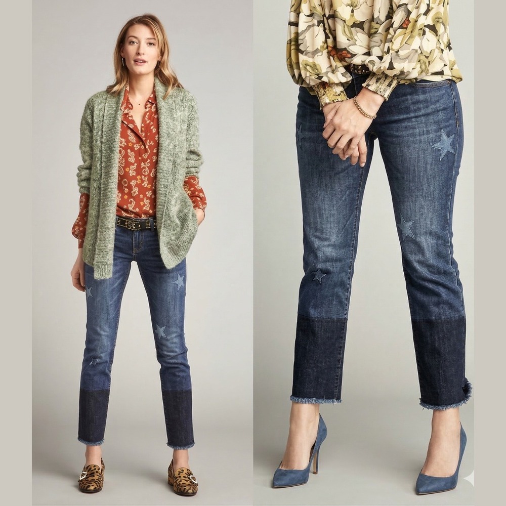 Cabi Slim Boyfriend Star Print Jeans Women Size 8 Dark Wash Raw Hem Boho